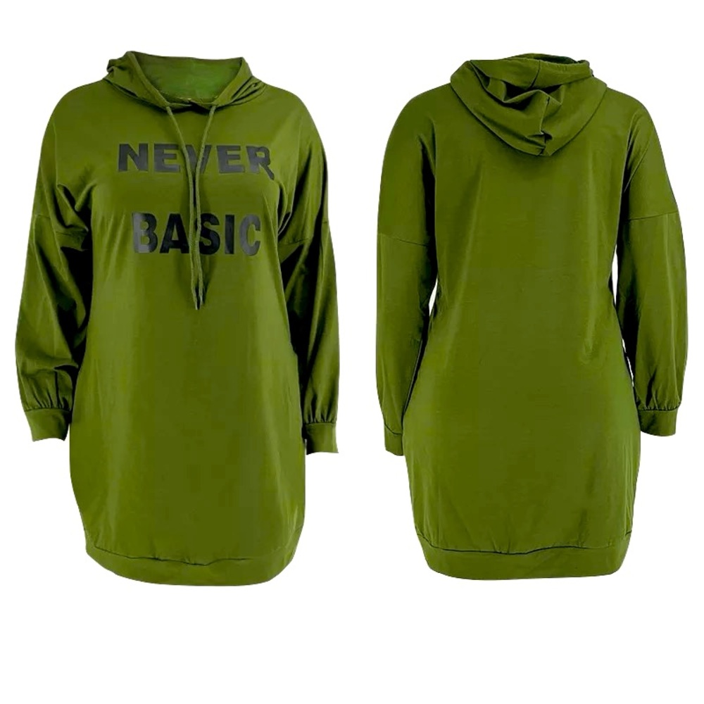 Green Hoodie Dress with 'Never Basic' Print